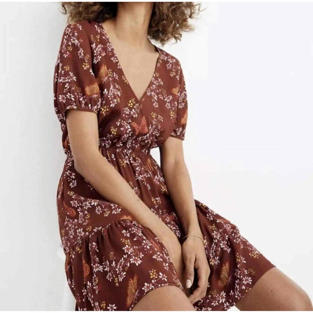 Madewell Ruffle Wrap Dress Windowbox Floral Butterfly Burgundy Short Sleeve 6 - Picture 1 of 9